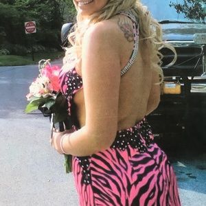 prom dress. pink & black zebra & rhinestones, size 11/12, worn once for prom.